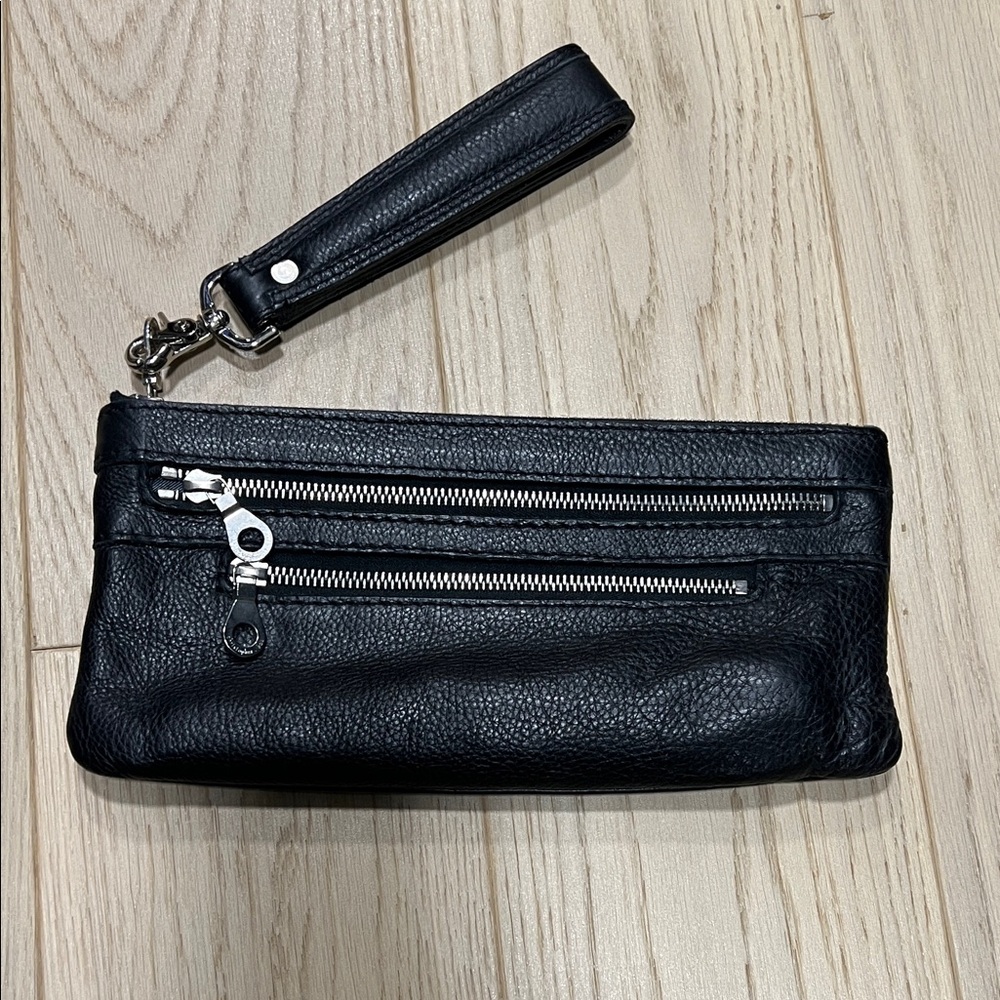 Black Leather Wristlet with Silver Zippers